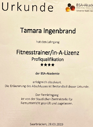 Zertifikat Profiqualifikation Tamara Ingebrand Personal Trainerin
